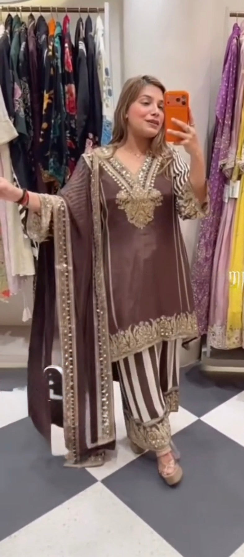 Crepe Stripped Suite-Brown
